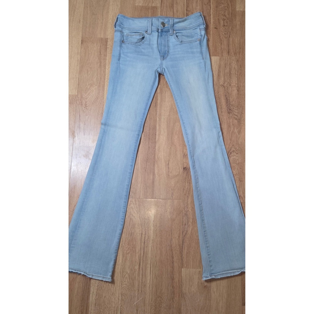 American Eagle Kick Boot Super Super Stretch Light Wash Jeans Raw Hem Size 2